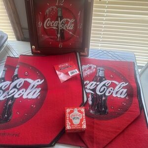 Vintage Coca-Cola Red & White Bottle Logo 2Kitchen Rugs, clock & table runner.
